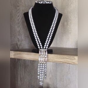 New KISSAKA designer multi strand gray pearl crystal & silver tassel necklace